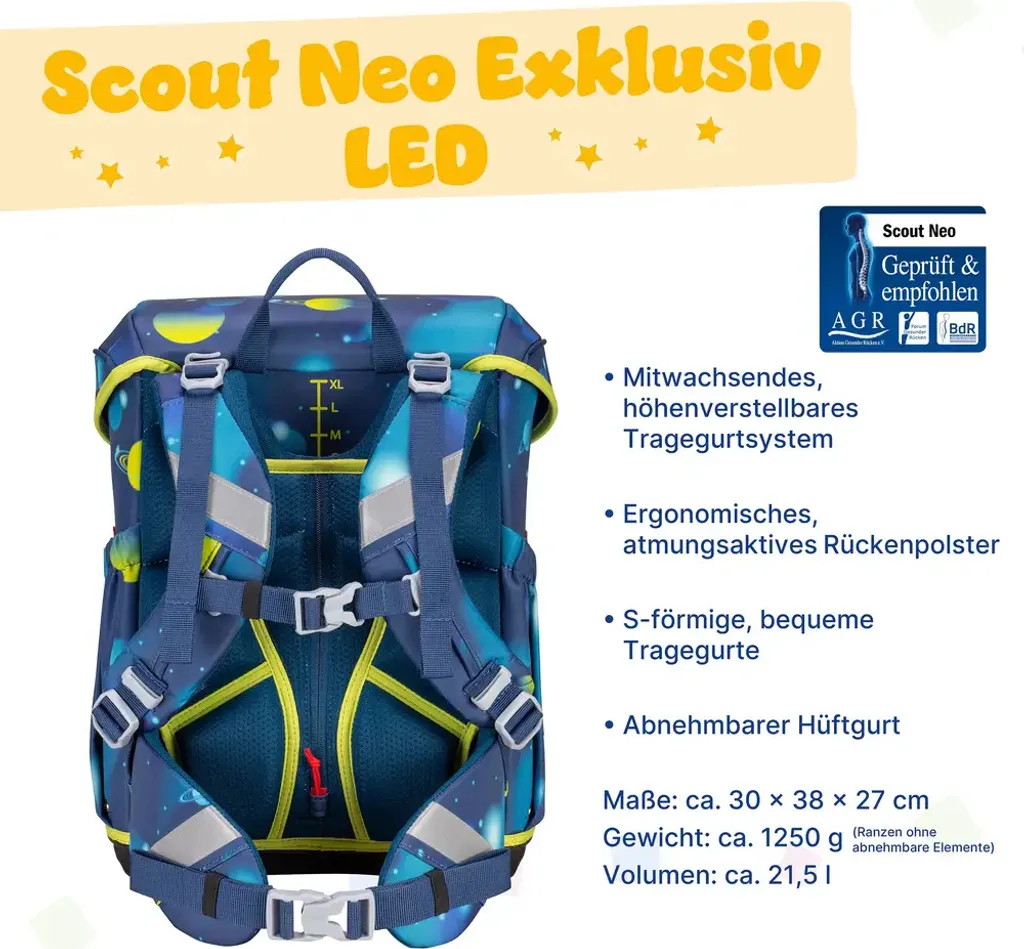 Scout Neo Planets : Sac d'école LED bleu marine - Set complet 4 pièces - 18