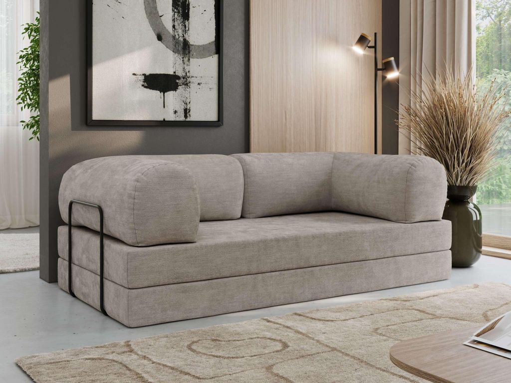 MKS MEBLE Schlafsofa 3-Sitzer ORSETTO 200 cm Sofa mit Schlaffunktion & Metallrahmen Modernes Design Ausziehcouch, HR-Schaum - Hellgrau Schenille glatt
