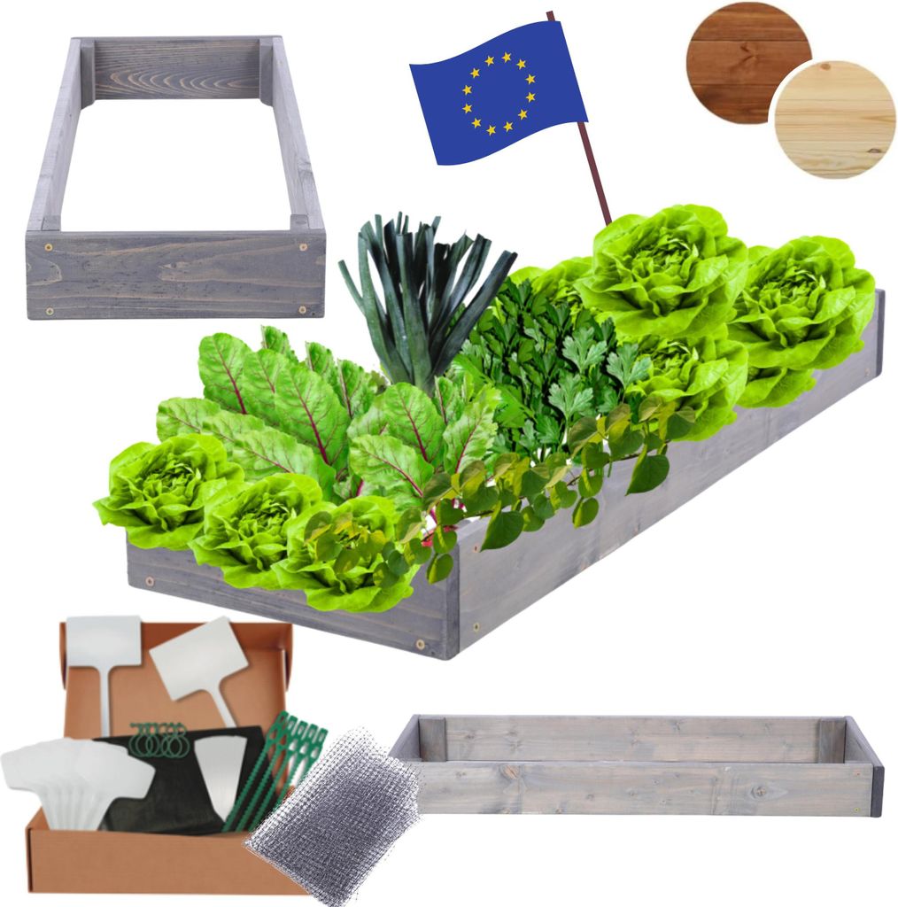 MODO24 Hochbeet Holz, Pflanzkasten, Massivholz, Kiefer, Kräuterbeet, Blumenkasten, Garten, Terrasse, 9x30x60 cm, Grau, ZP09