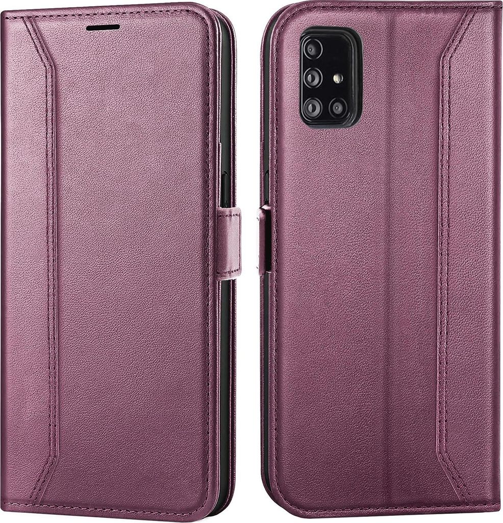 A purple flip case for a Samsung Galaxy A51 phone is shown from the front and back.