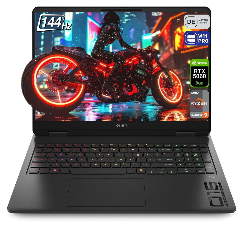 HP OMEN 16 Gaming Laptop, Ryzen 9-8940HX, 16" (1920x1200) IPS 144Hz, RTX5060, 4-zone RGB QWERTZ Tastatur, W11 Pro, 16 GB RAM | 2 TB SSD