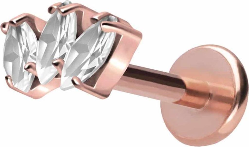 Ohrpiercing, Nasenpiercing Titan Labret mit Push Fit 3 KRISTALLTROPFEN RoséGold Stablänge: 10mm | Stabstärke: 1mm