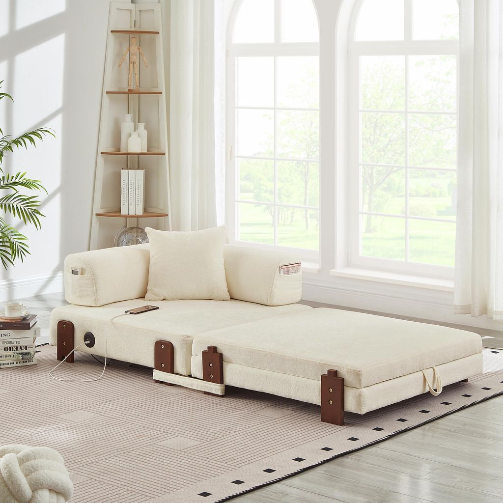 2-in-1 Klappsofa beige mit Schlaffunktion, USB/Typec, Stauraum, Armlehnen, platzsparend für Gästezimmer & Loft