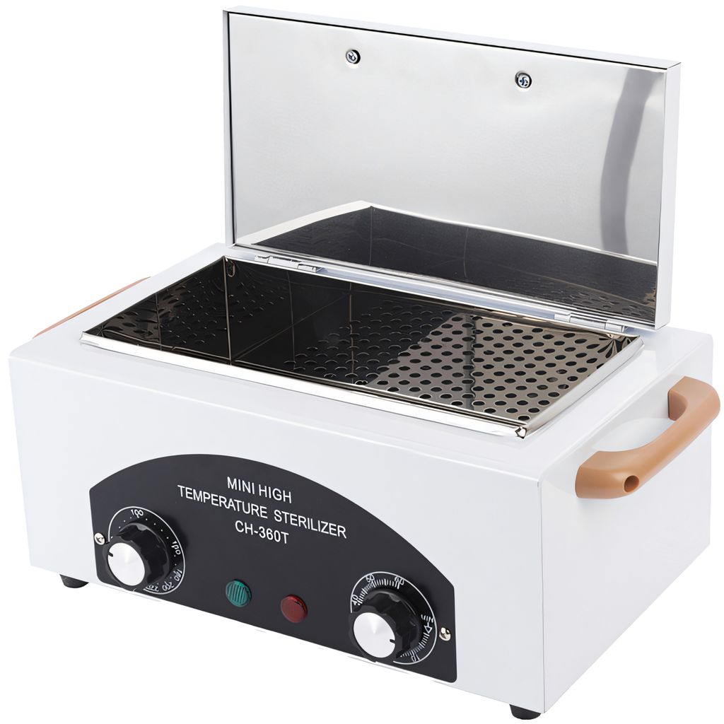 A white high-temperature sterilizer with its lid open, showing the interior tray and controls on the front.