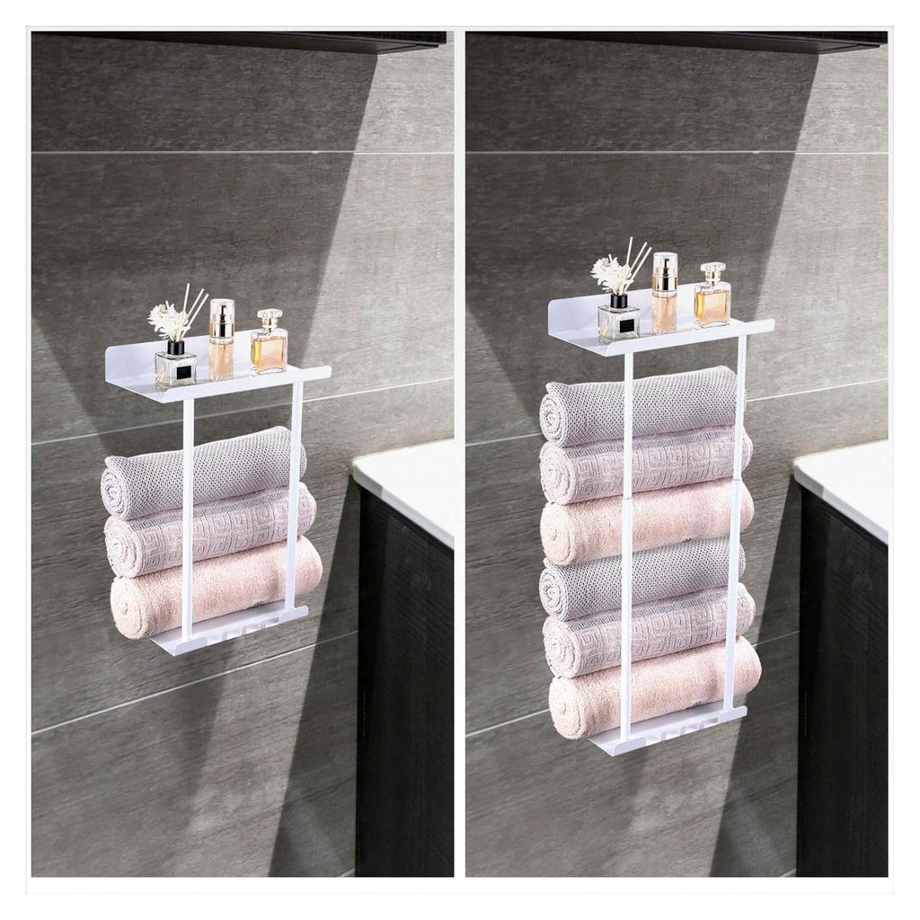 Handtuchhalter ohne Bohren, ausziehbar 41-75 cm, Wandhandtuchhalter mit Haken für Badezimmer und Küche (Weiß)