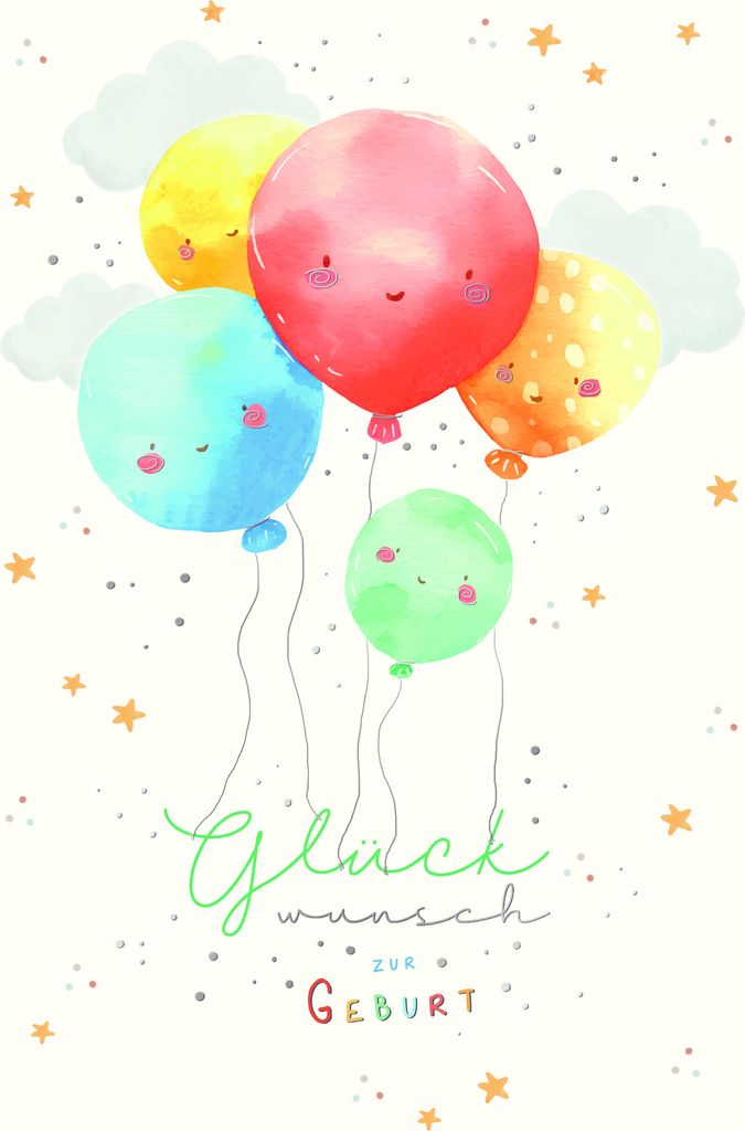 Geburt Baby Freudiges Ereignis Karte mit Briefumschlag Bunte Luftballons Sterne