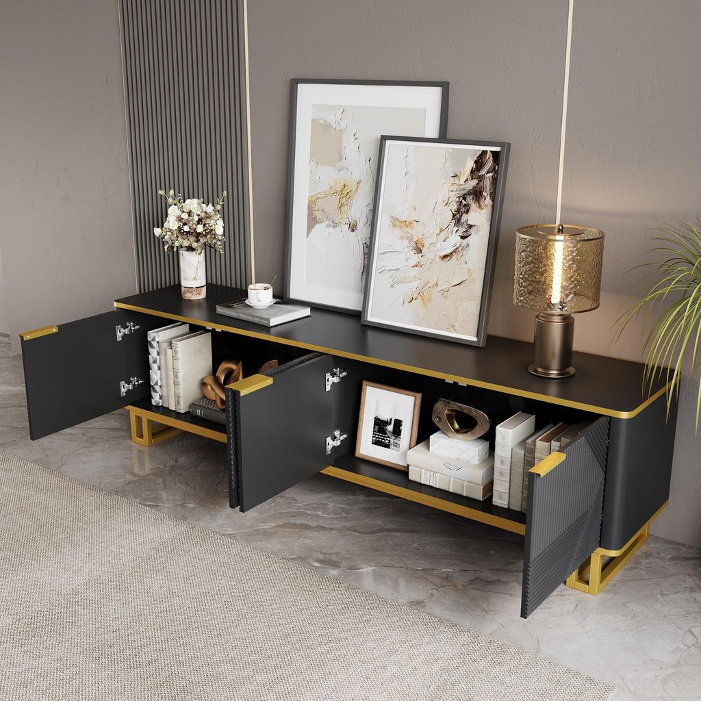 okwish TV-Schrank Fernsehschrank mit Eisenrahmen und Kabeldurchführungen,Fernsehbank Lowboard mit Ablageflächen und offene Regale,Schwarz