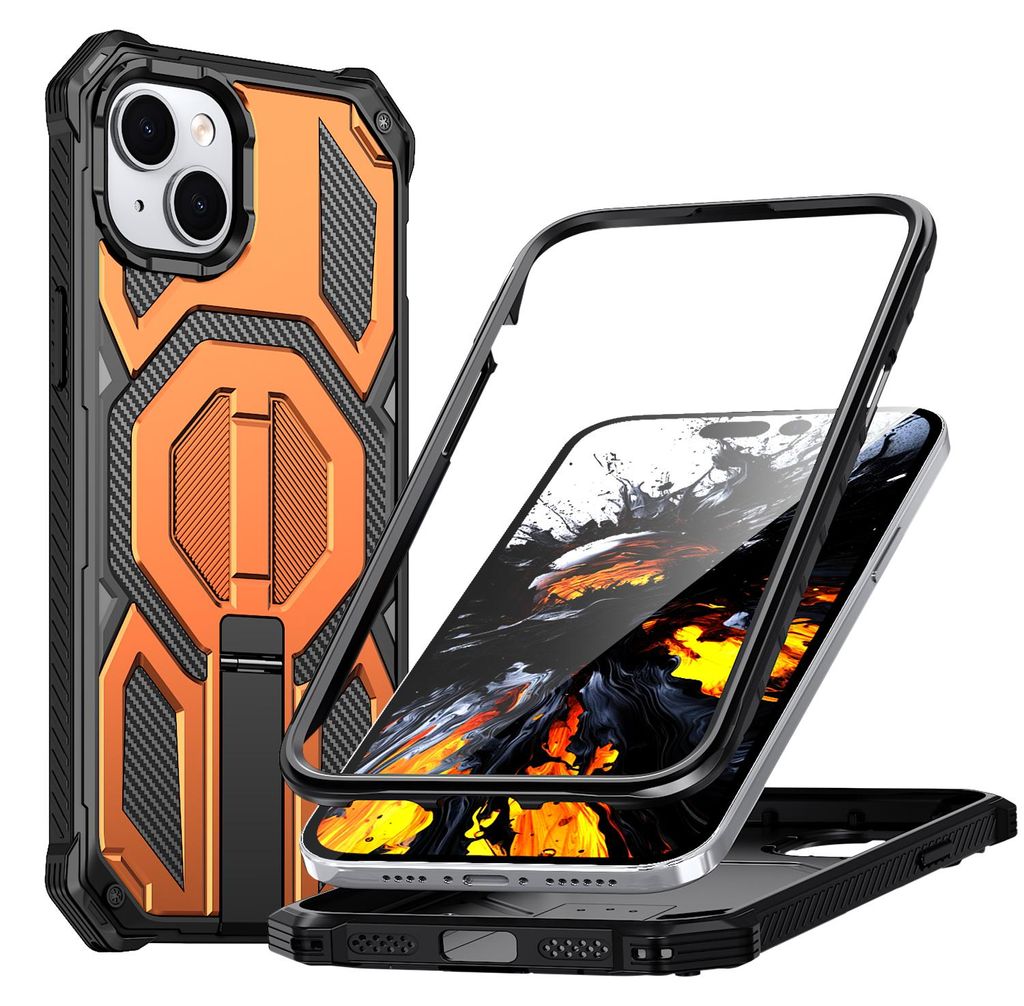 Magnetische Hülle für iPhone 15 Plus / iPhone 14 Plus, Kompatibel mit MagSafe, Mit Metall-Ständer, Militärischer Stoßschutz Handyhülle Orange