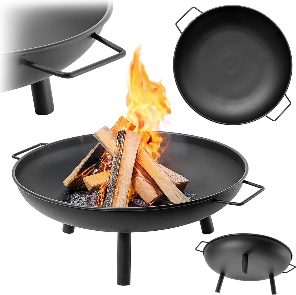 A collage of images showing a round garden fire pit with logs and flames, and close-ups of its design.