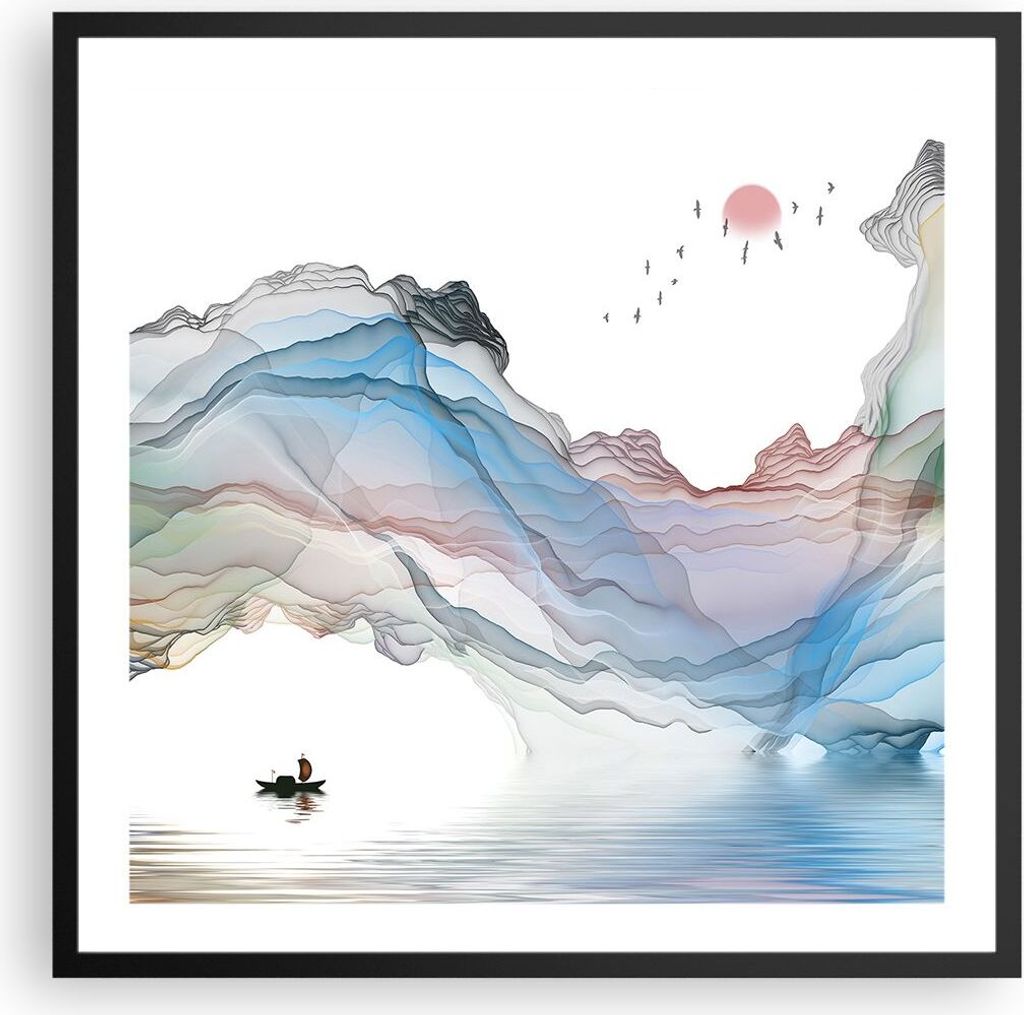 Gerahmtes Poster - Schwarzer Rahmen - Wellen Berge Fee - 60x60 cm - Wand Bild - Wanddeko - Wandbilder - Kunstposter - Wandposter - Bilderrahmen - B...