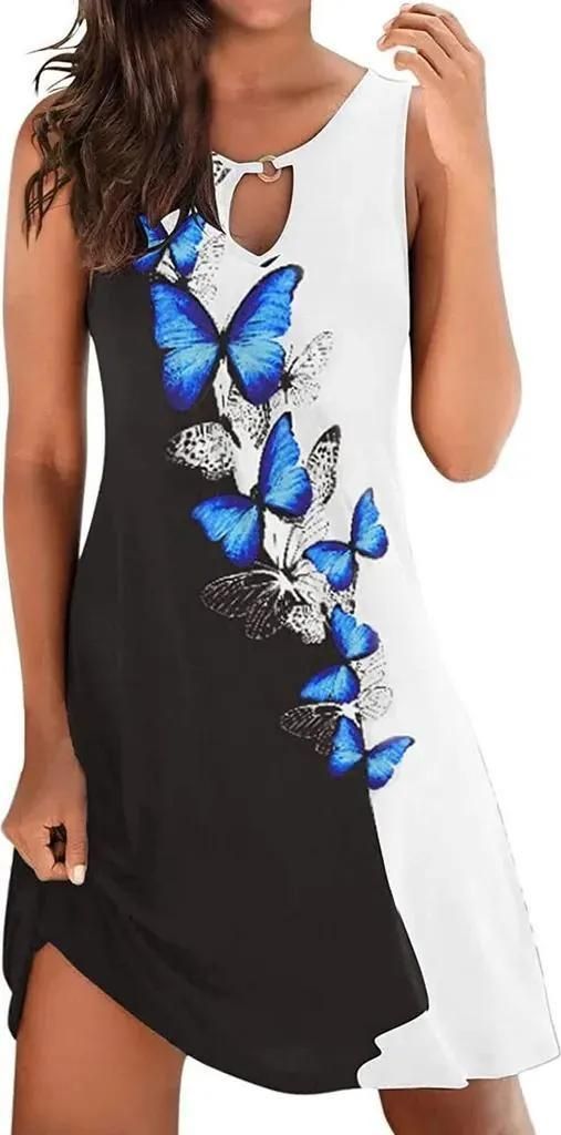 ASKSA Damen Sommerkleid Knielang Ärmellos Kleider Strandkleider Minikleid Freizeitkleid, Blau Weiß, M