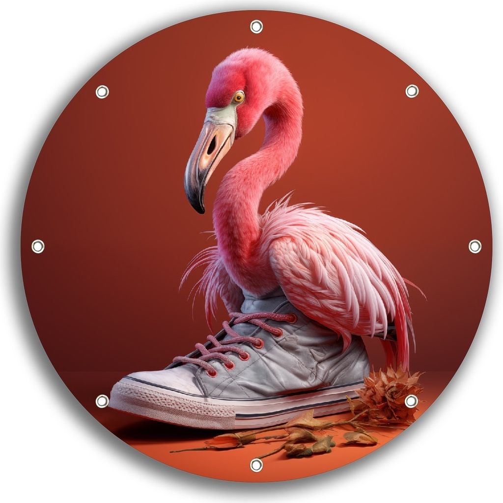 Wallario rundes Outdoor-Poster für Garten oder Balkon, Motiv Flamingo im Sneaker, 30 cm Durchmesser