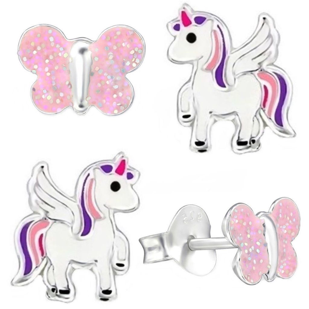 Ohrstecker-Set Schmetterling und Einhorn Pferd für kleine Mädchen