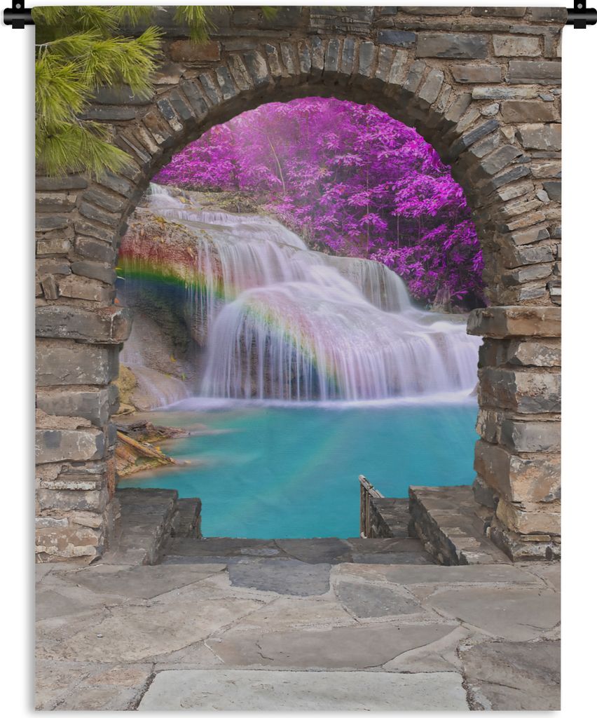 MuchoWow Wandteppich Wandbehang Blumen - Regenbogen - Wasserfall - Ausblick 90x120 cm Tapisserie Dekoration Wandtuch - Wanddeko