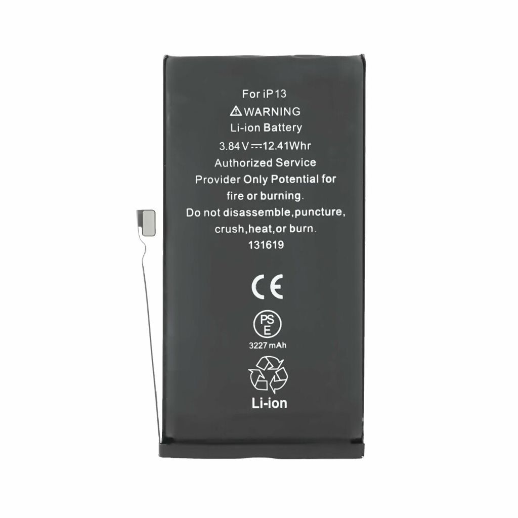A black iPhone 13 battery with text and symbols printed on it, shown against a white background.