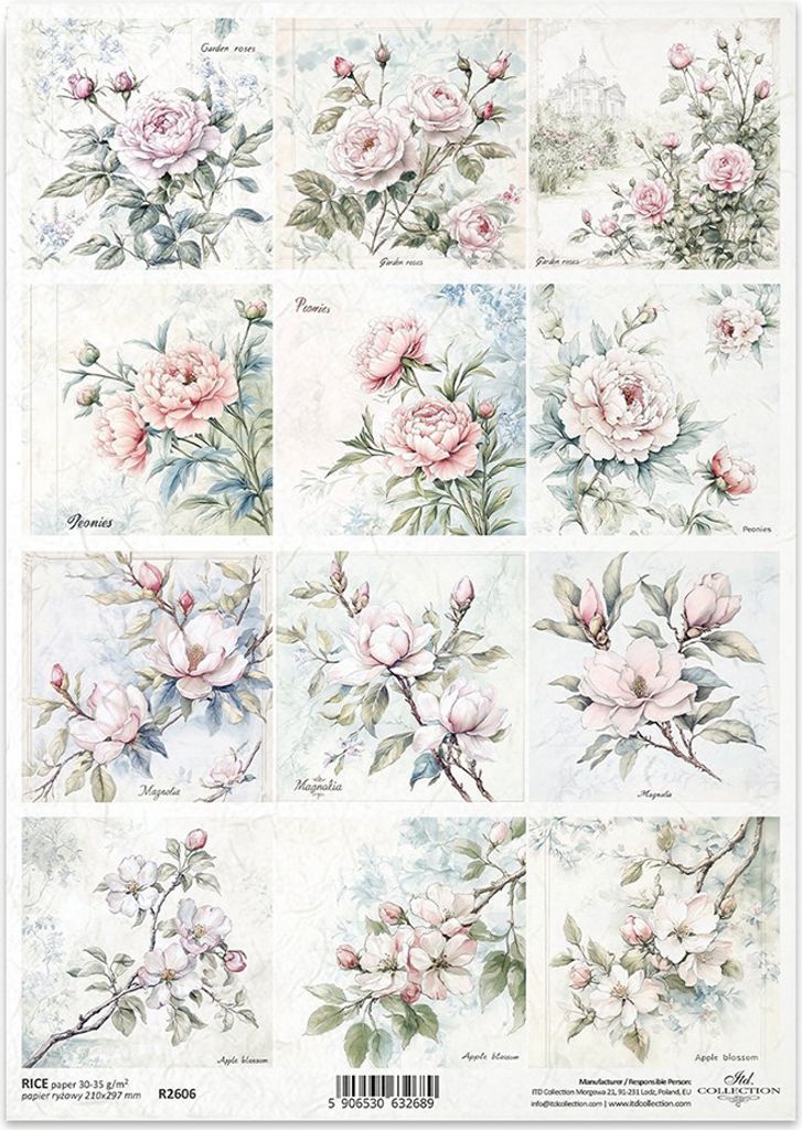 ITD Reispapier Decoupage Bastelpapier Serviettentechnik-R2606 Blumen Rosen Pfingstrosen Apfelblüten Magnolie
