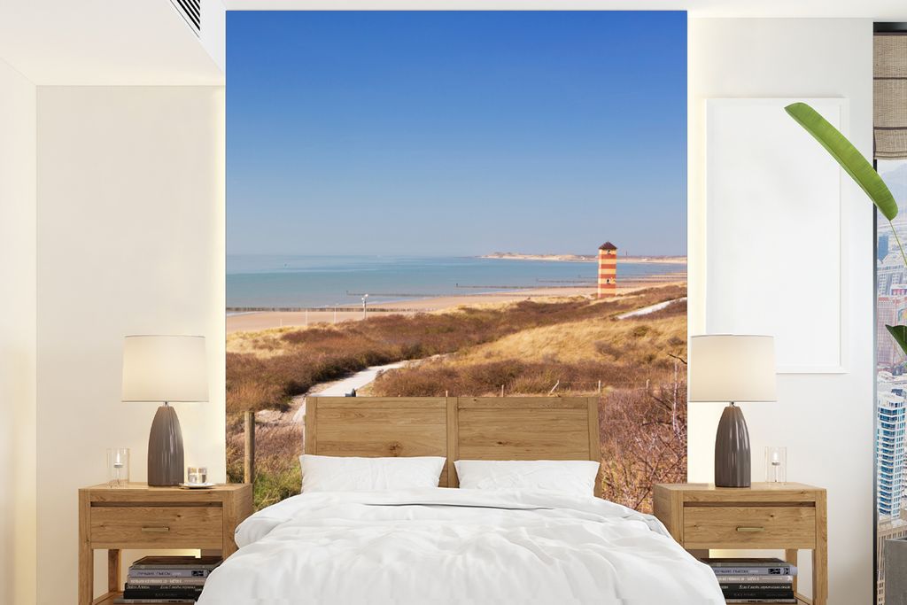 MuchoWow Fototapete für Wohnzimmer oder Schlafzimmer Wandtapete Vinyl Motivtapete Strand - Meer - Leuchtturm - Niederlande - 190x260 cm - Papier...