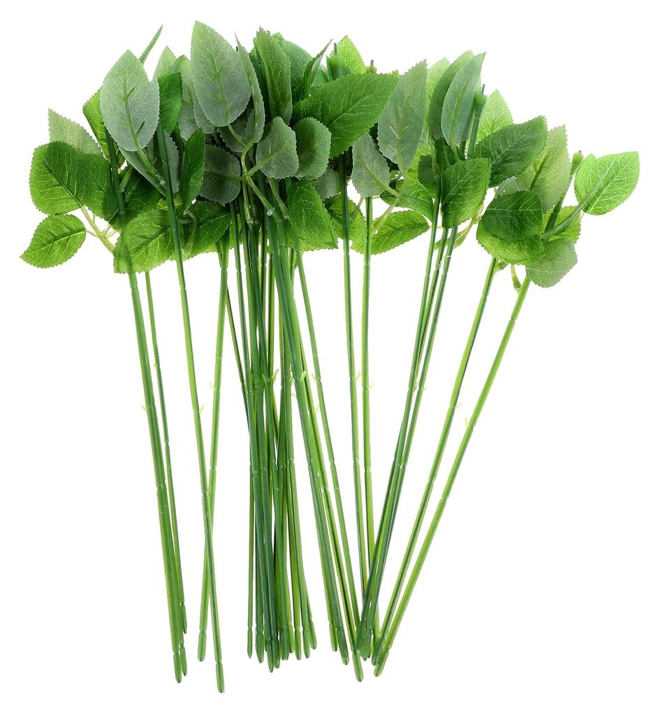 Künstlicher Rosenstiel mit Blättern 33 cm aus flexiblem Kunststoffdraht für Bastelarbeiten, Hochzeitsdekoration und Tischarrangements