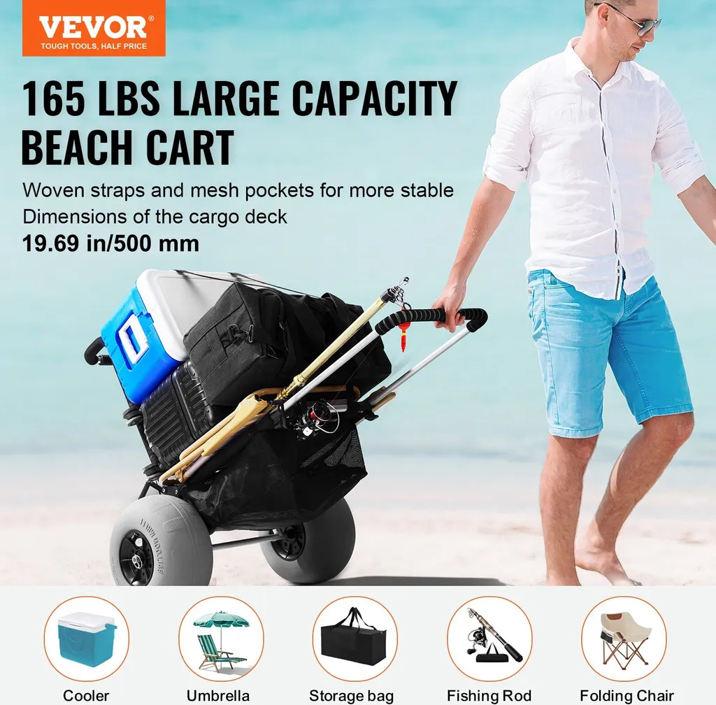 Carrello da spiaggia carrello manuale per sabbia, Carrello da spiaggia con portata di 74,84 kg, Carrello da sabbia pieghevole in alluminio regolabile in altezza da 685 a 1135 mm, Carrello robusto per la spiaggia - 2
