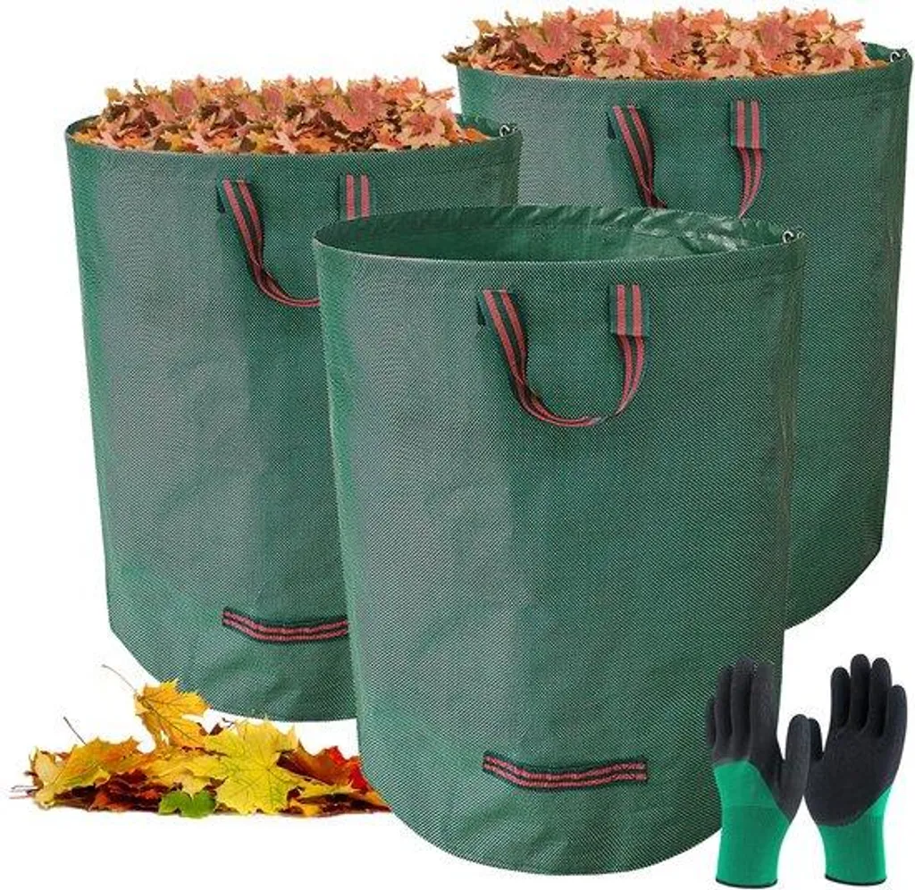 Sacs poubelles de jardin pour feuilles mortes et herbe, 3 x 272L + gants