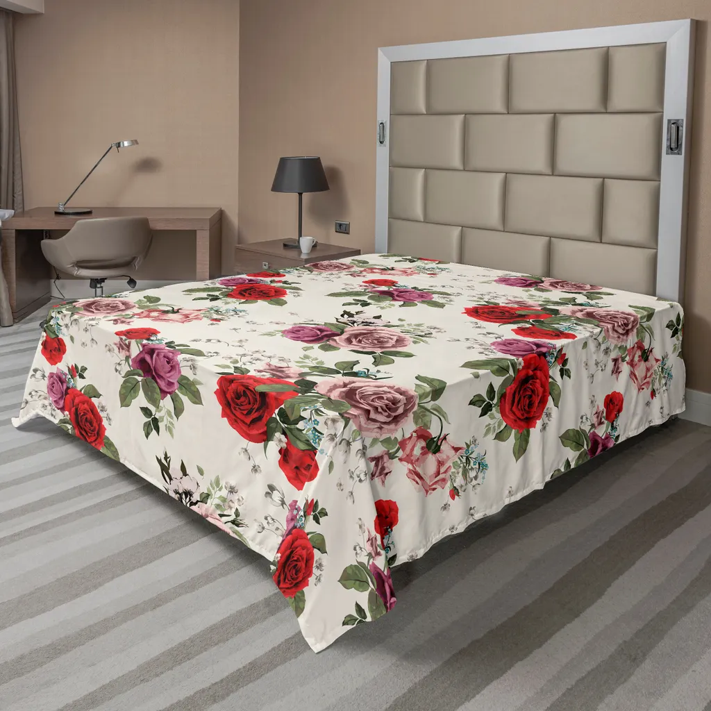 Drap plat décoratif motif fleurs de roses romantiques 260x228 cm Champagne