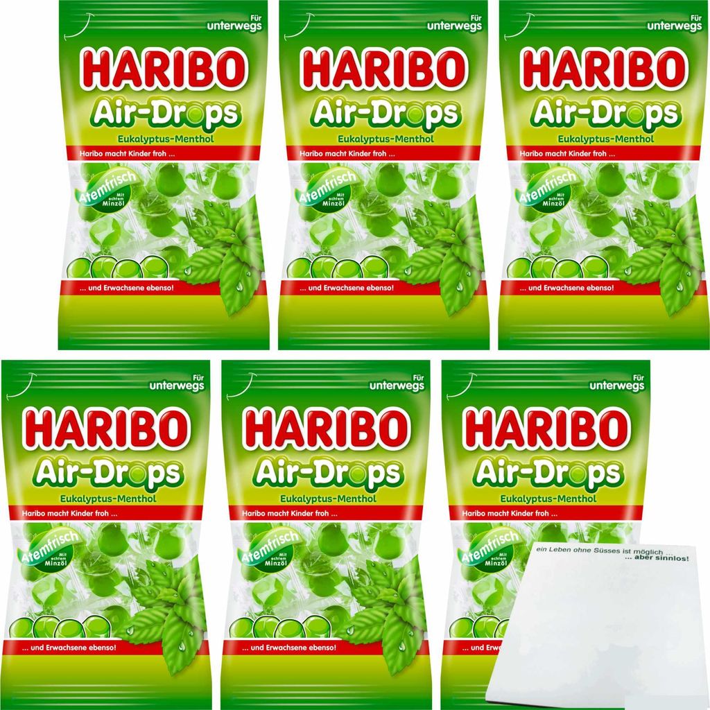 A collage of multiple Haribo Air-Drops Eukalyptus-Menthol candy bags.