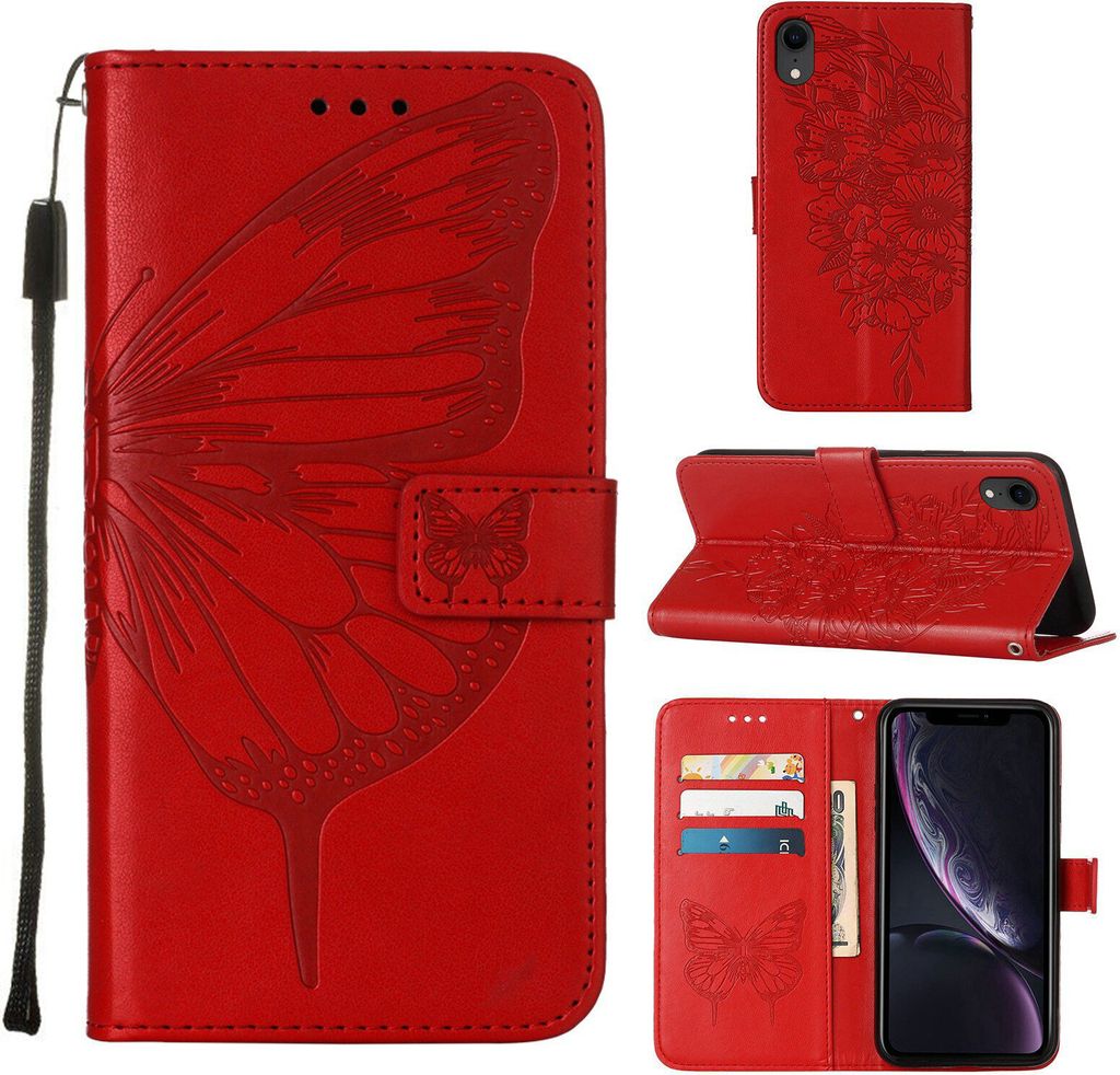 iPhone XR Hülle, Schmetterling Prägung Flip Leder Kartenfächer Schutzhülle Ledertasche mit Ständer für iPhone XR Rot