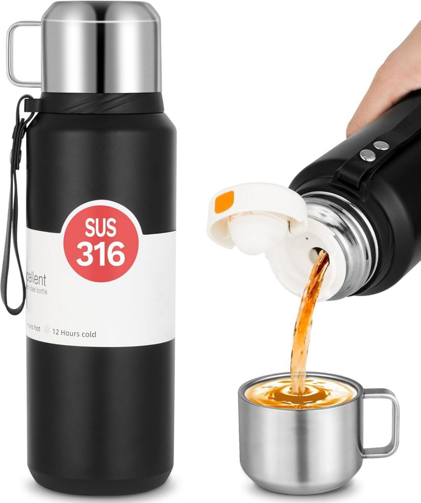 Thermobecher 1L - BPA-Frei Thermoskanne Für Warm&kalt - Aus Laufsichere Isolierflasche 1L Aus Edelstahl Rostfrei - Trinkflasche Edelstahl Für Out...