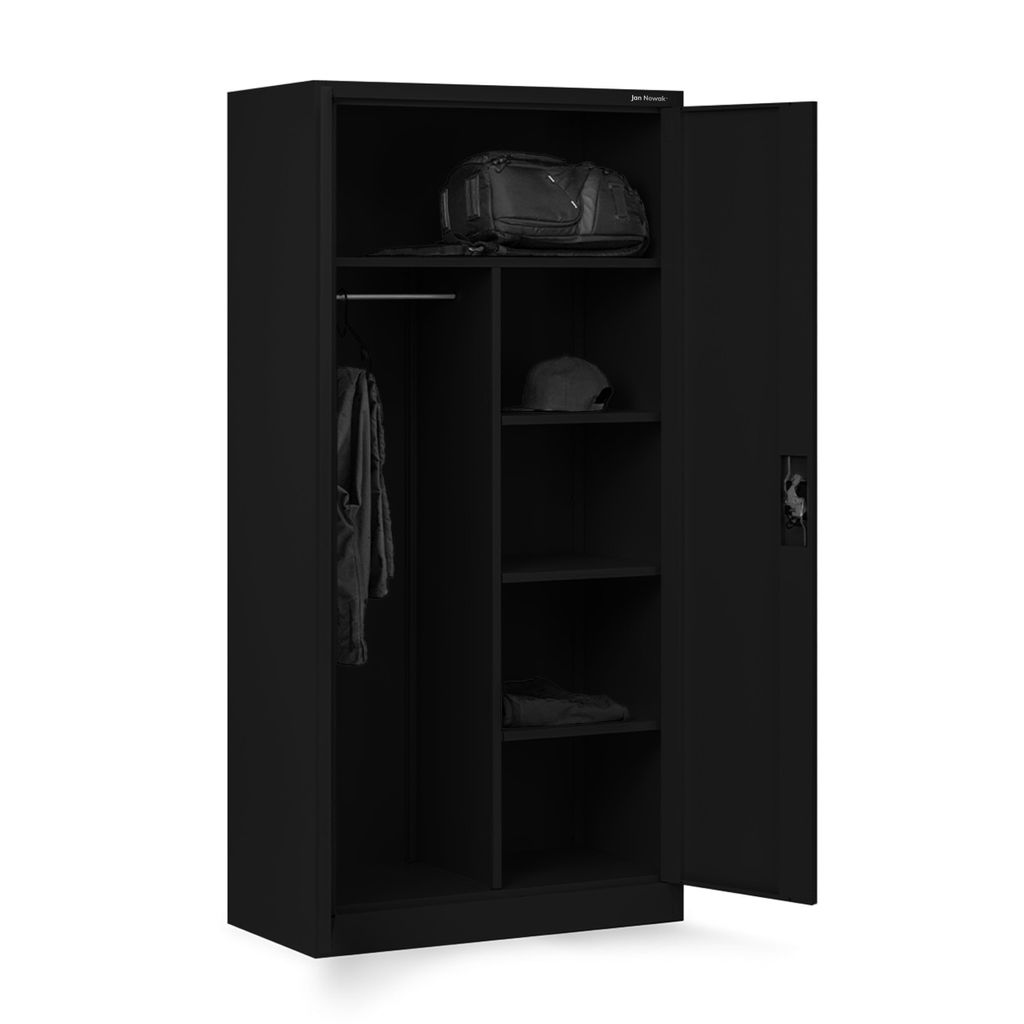 An open black metal locker with shelves and a hanging rod.