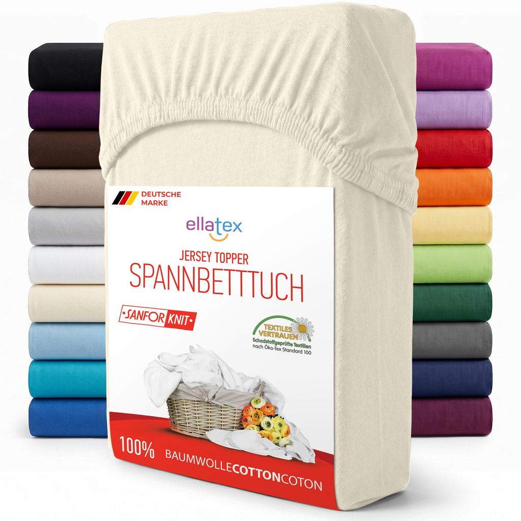EllaTex Jersey Topper Spannbettlaken 140x200–160x200 Baumwolle – weich & atmungsaktiv, Spannbetttuch für Topper 7–12 cm, in Farbe: Creme