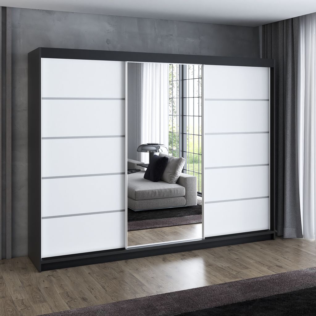 Schwebetürenschrank 200 cm, 3-türig, mit Spiegel & 4 Schubladen, Retro-Stil, modern, in Weiß/Schwarz/Sonoma – Kleiderschrank Velturo 1