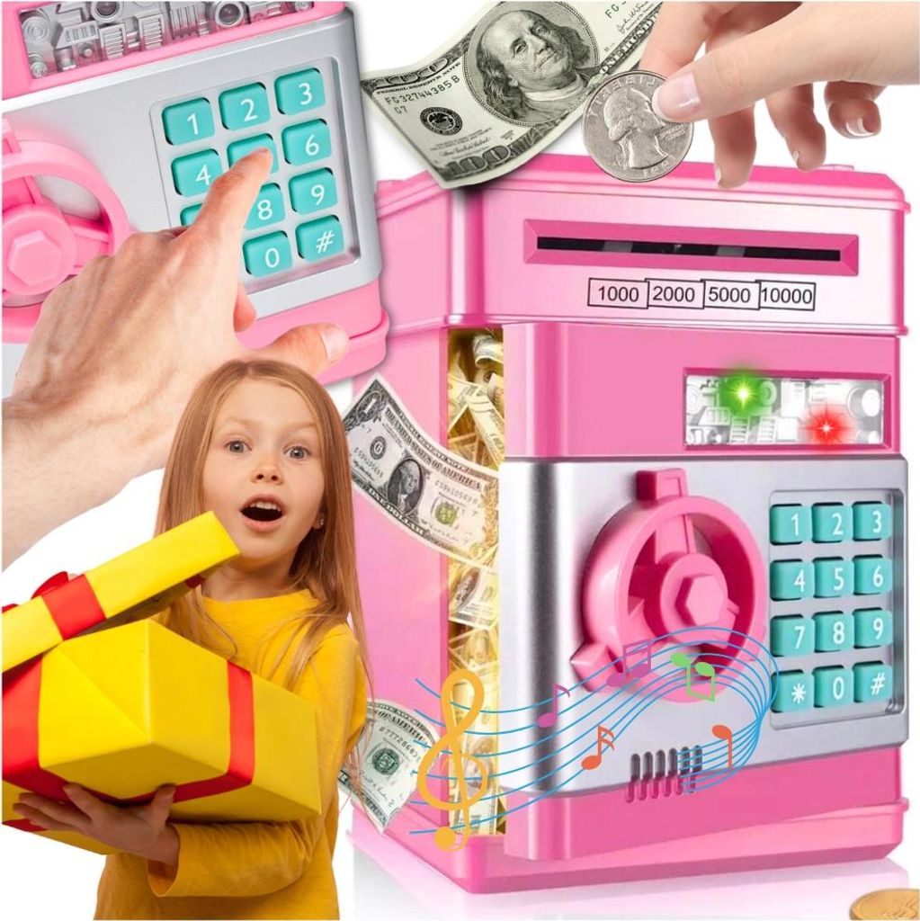 Sicheres Sparschwein für Kinder mit einer Nadel, großer elektronischer Geldautomat, rosa Münzen