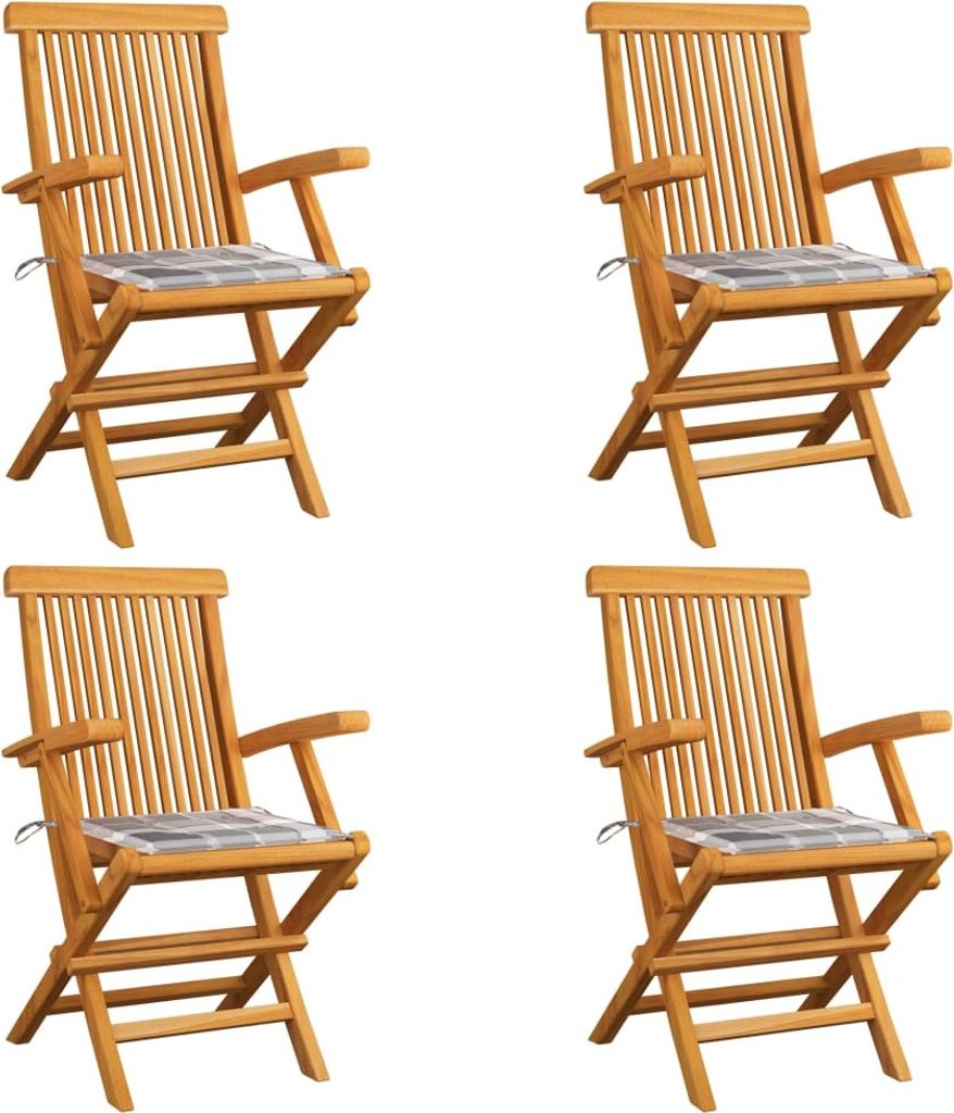 Maison Exclusive - Gartenstühle Graue Karomuster-Kissen 4 Stk. Massivholz Teak
