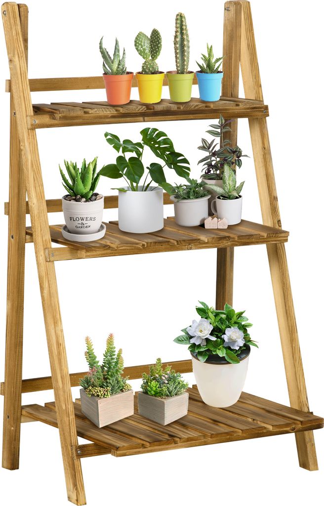 A wooden plant stand with various potted plants on its shelves.