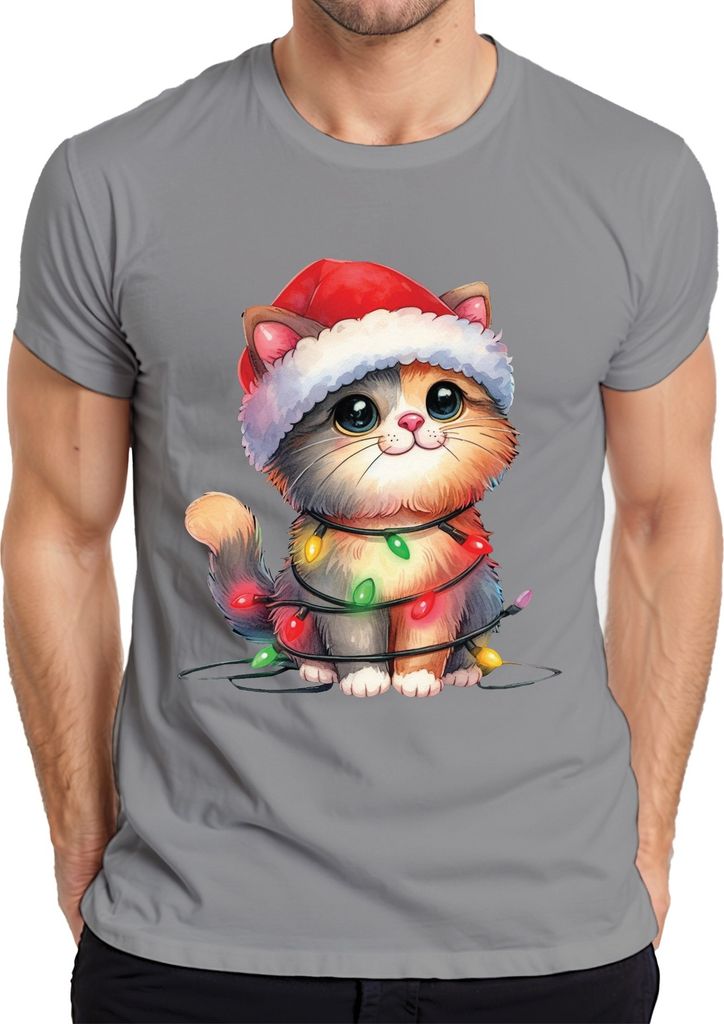 Katze Lichterkette Katzenliebhaber - Weihnachten Weihnachtsgeschenk Christmas Herren T-Shirt, Grau, XXL