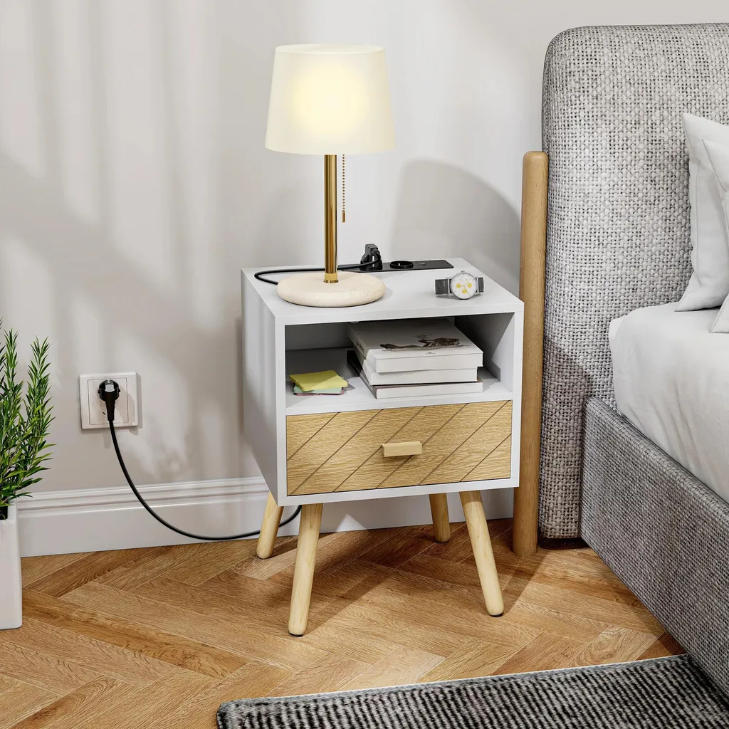 Table de chevet avec station de charge USB-C et tiroir blanc design chic - 2