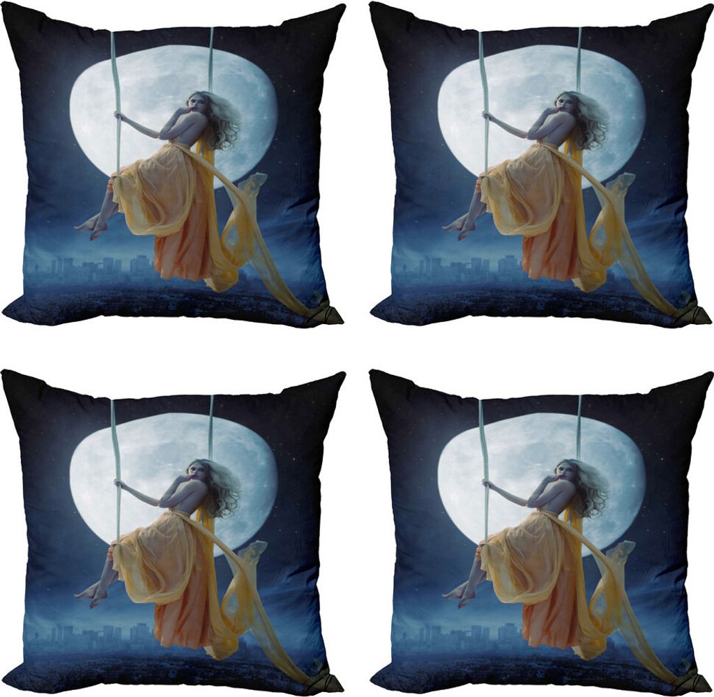 ABAKUHAUS Mond Kissenbezug Set (4 Stück), Schwingen im Himmel Mond, Moderner Doppelseitiger Digitaldruck, 40 cm x 40 cm, Dunkelblau und Grau