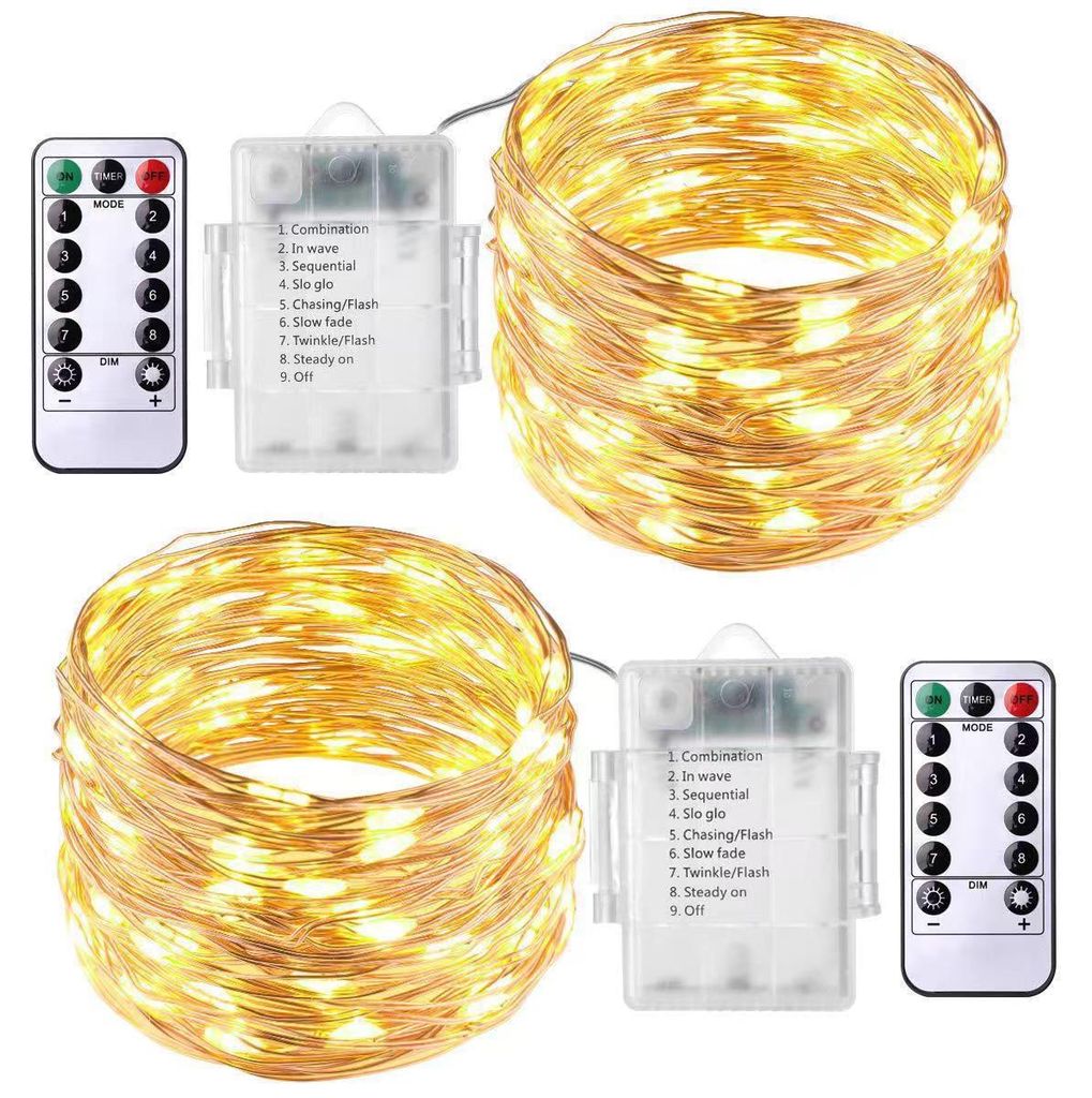 x 50 LED-Lichterkette, batteriebetrieben, 5 Meter langes Micro-Silberkabel, 3 AA-Batterien, wasserdicht, mit Fernbedienung, 8 Programme (Warmwei?)