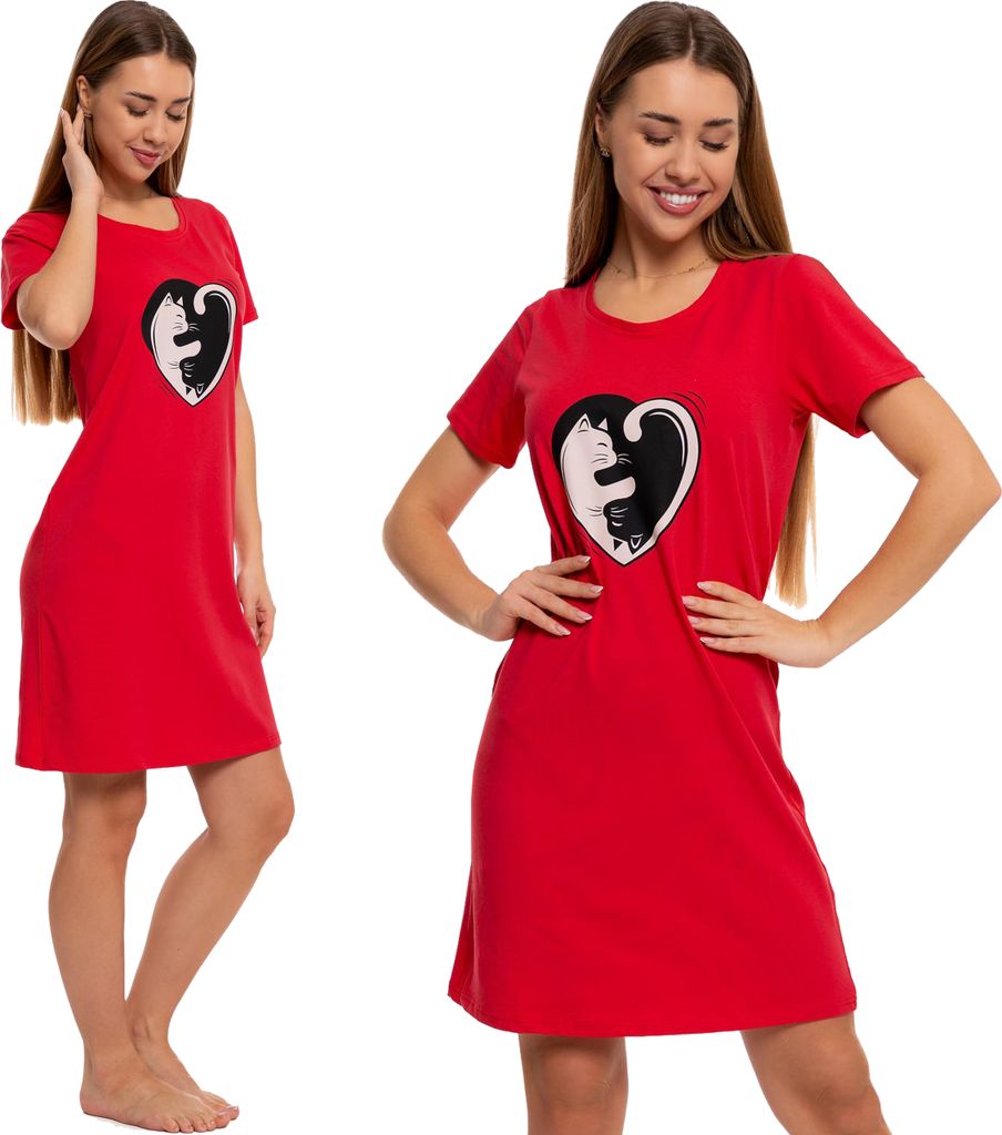 Moraj Damen Nachthemd kurzarm Katzenmuster Sleepshirt Baumwolle 2500-005, Rot, S