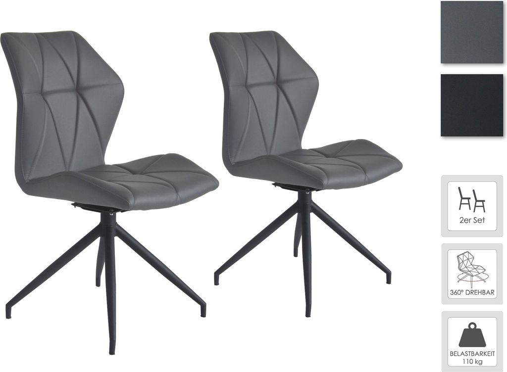 byLIVING Esszimmerstuhl 2er Set IMKE / Kunstleder grau / Gestell Metall schwarz / Sitzschale 360° drehbar / Esszimmerstuhl / Diamanten-Steppung / ...