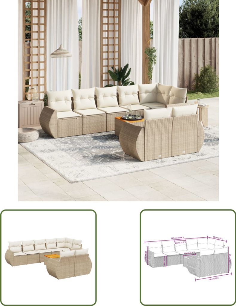The Living Store 9-tlg. Garten-Sofagarnitur mit Kissen Beige Poly Rattan