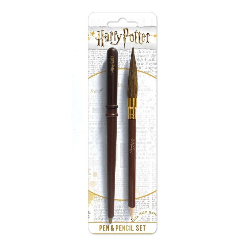 A Harry Potter themed pen and pencil set in its packaging.