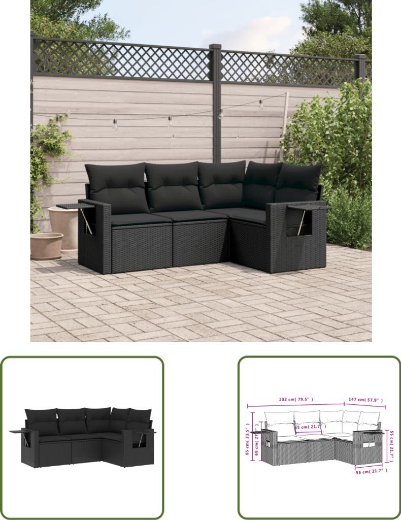 The Living Store 4-tlg. Garten-Sofagarnitur mit Kissen Schwarz Poly Rattan