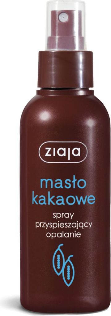 A brown spray bottle with a clear cap and blue text.