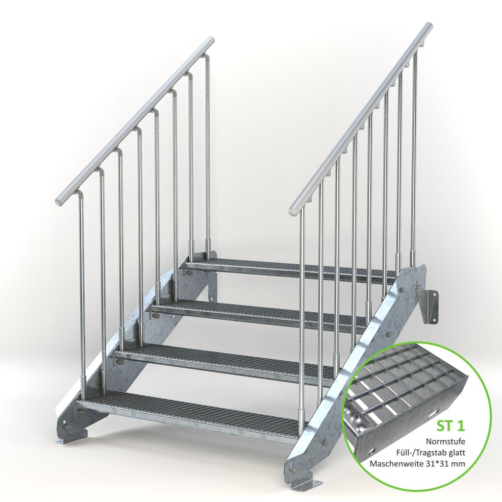 Stahltreppe 4 Stufen bis Höhe 84 cm, Laufbreite : 120 cm beidseitiges Geländer ST 1 (31 / 31 mm)