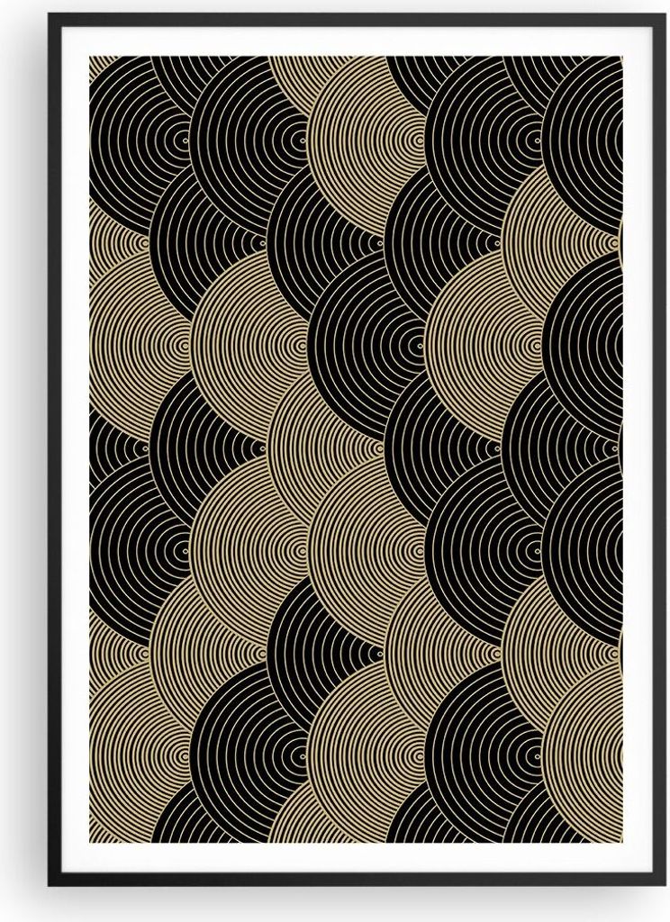 Gerahmtes Poster - Schwarzer Rahmen - Schwarz und Gold Kreise Grafiken - 70x100 cm - Wand Bild - Wanddeko - Wandbilder - Kunstposter - Wandposter -...
