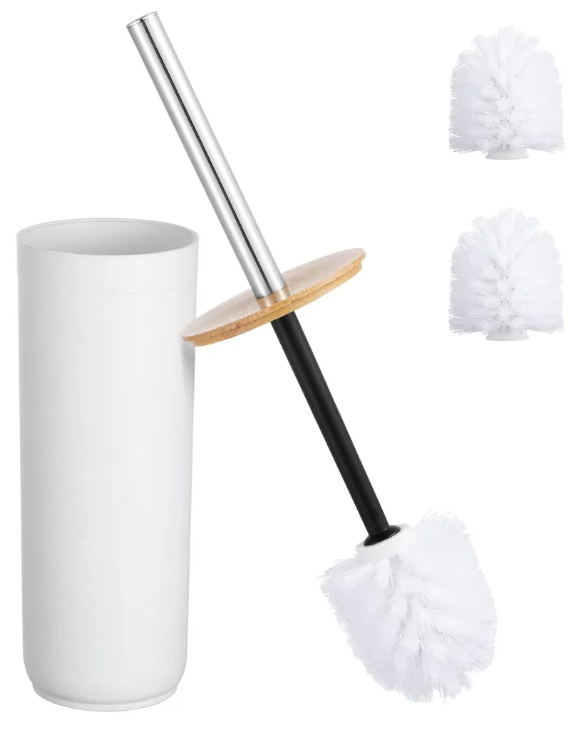 Accessoire de toilette blanc avec manche long et rangement bois de bambou