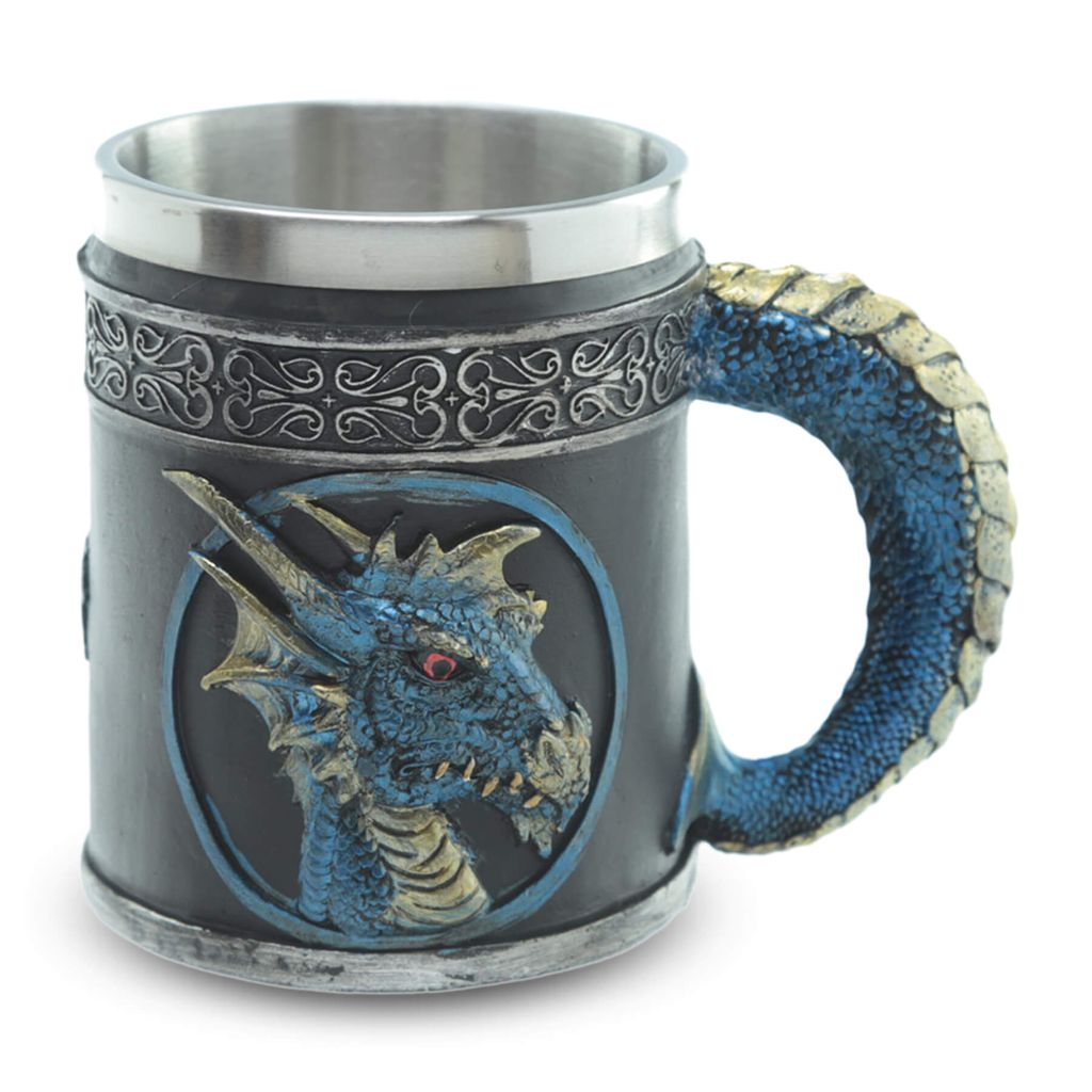 Deko Krug ''Blood of the Azur Dragon'' - Drachen-Becher (0,35l) mit geschupptem Griff - Blau - Höhe 11 cm - Fantasy Mittelalter
