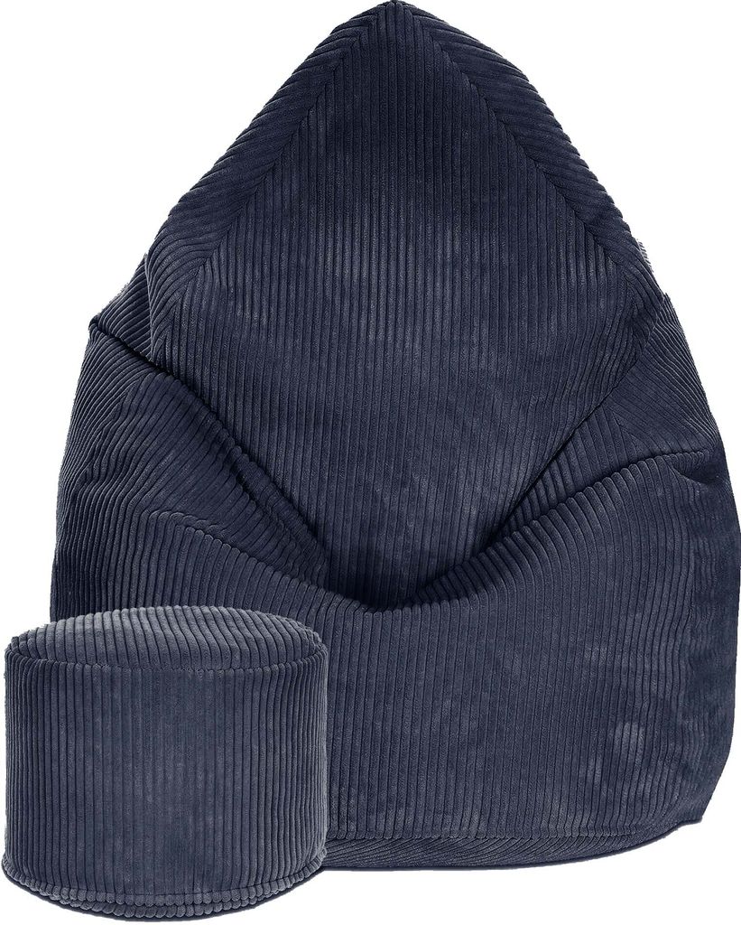 A navy blue corduroy bean bag chair and matching ottoman are shown against a white background.