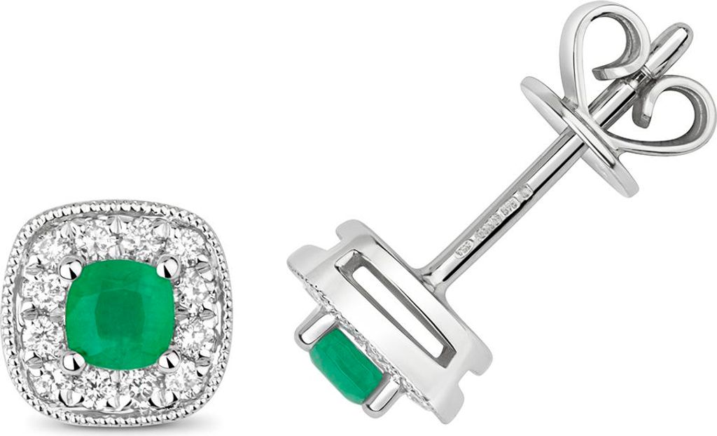 9 Karat (375) Weißgold Damen - Diamant Paar Ohrstecker Brillant-Schliff 0.15 Karat HI - I1 mit Smaragd - 6mm*6mm; TRS3296